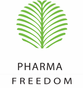 Pharma Freedom Logo with a green palm like leaf with the names stacked.